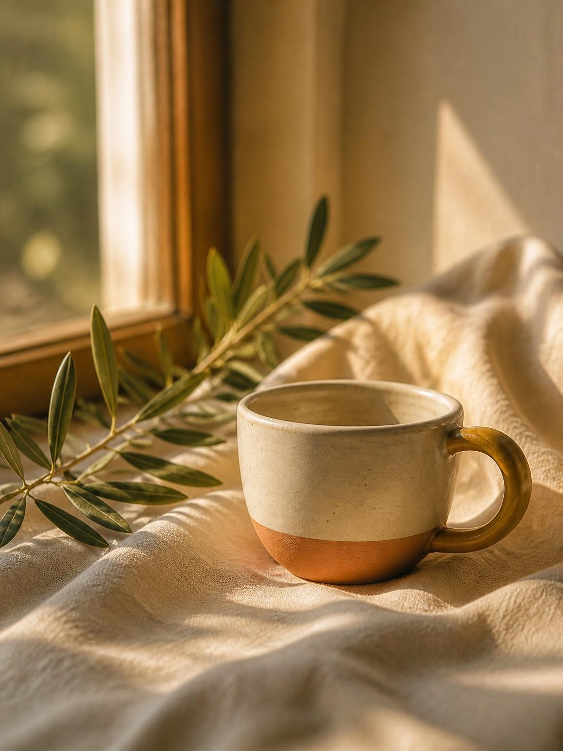 Taza de ceramica y romero Con-versar con un cafe